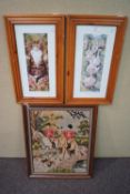 A woolwork fox hunting picture and two Trvor Waugh prints