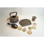 A group of assorted copper items, including an Art Nouveau crumb tray, plant holder, kettle,