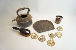 A group of assorted copper items, including an Art Nouveau crumb tray, plant holder, kettle,