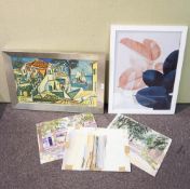Three un-framed watercolours, together with two prints,
