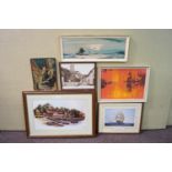 A harbour scene print and other framed works