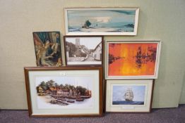 A harbour scene print and other framed works