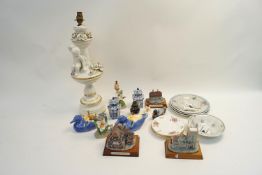 A pottery lamp and other items