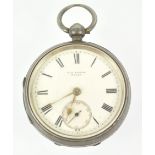 A sterling silver open face pocket watch. White dial with roman numerals; signed W H Rowse, Wells.