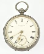 A sterling silver open face pocket watch. White dial with roman numerals; signed W H Rowse, Wells.