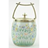 A Victorian glass biscuit barrel with silver plated mounts,