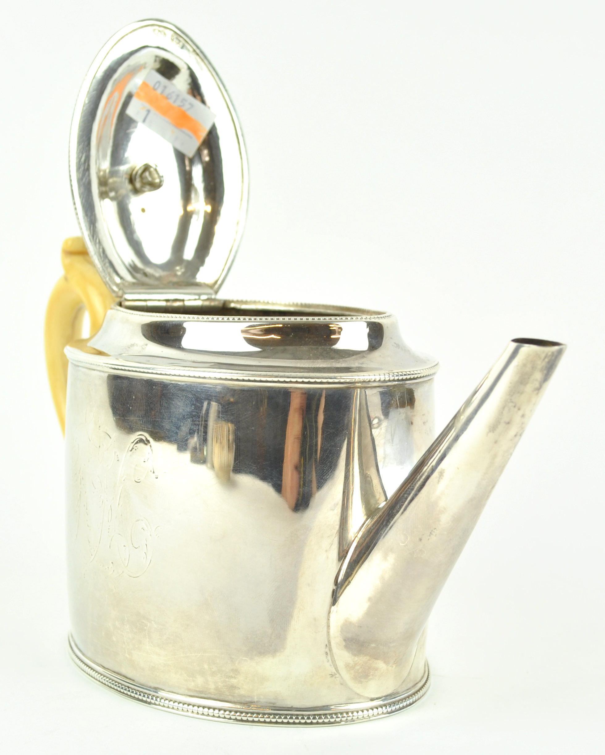 A George III silver tea pot, of plain oval bead edge form, with domed cover, Ivory knop and handle, - Image 3 of 5