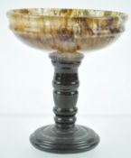 A Derbyshire Blue John bowl on black turned Ashford marble stem with flared foot, 11cm high x 9.