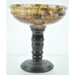 A Derbyshire Blue John bowl on black turned Ashford marble stem with flared foot, 11cm high x 9.