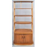 An Ercol elm and beech room divider, the two loose shelves lacking pin supports and lacking legs,