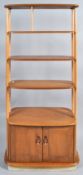 An Ercol elm and beech room divider, the two loose shelves lacking pin supports and lacking legs,