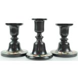 A pair of Victorian Derbyshire Ashford marble candlesticks, with geometric pietra dura bands,