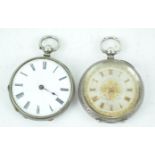 A collection of two open face pocket watches. One marked for Silver 0.