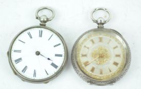 A collection of two open face pocket watches. One marked for Silver 0.