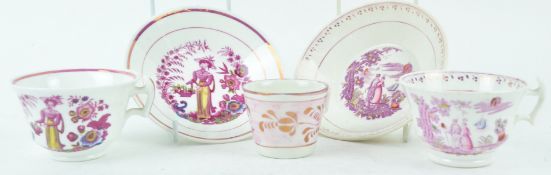 A pair of pink lustre porcelain tea cups and saucers, circa 1840,