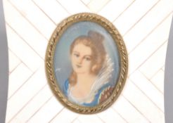An oval miniature portrait of a bust-length lady in historical revival dress,