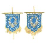 A pair of Victorian bead work banners, 21cm high, with gilt,