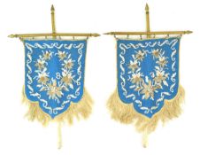 A pair of Victorian bead work banners, 21cm high, with gilt,