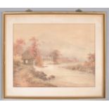 R Mori, watercolour of a mill and cottages beside a river, signed lower left,