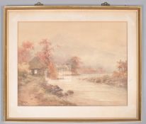 R Mori, watercolour of a mill and cottages beside a river, signed lower left,