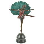 After Pellier, a cold painted bronze figure of the Peacock dancing girl on a black marble base,