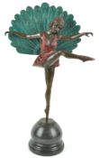 After Pellier, a cold painted bronze figure of the Peacock dancing girl on a black marble base,