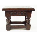 A 19th century rectangular oak stool, in the 16th century style,