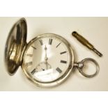 A silver 0.935 full hunter pocket watch. White dial with roman numerals.