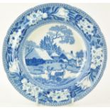 An early 19th century Rogers blue and white plate printed with stags and a cottage,