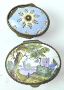 A 19th century enamel snuff box, the top with a castle scene, 5cm wide and another,