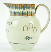 An early 19th century pearlware jug, Yorkshire, inscribed Jesse Strut, Cryden, circa 1820,