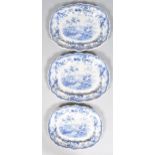 A set of three 19th century pottery meat platters, printed in blue,