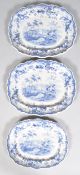 A set of three 19th century pottery meat platters, printed in blue,