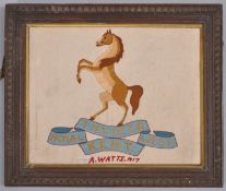 A needlework by A Watts, 1917, with Royal West Kent, Invicta below a rearing horse, in frame,