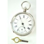 A silver 800 open face pocket watch. White dial with roman numerals.