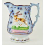 A mid 19th century flow blue and pink lustre with stags and dog, titled 'Epsom Cup', circa 1860,