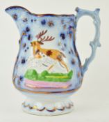 A mid 19th century flow blue and pink lustre with stags and dog, titled 'Epsom Cup', circa 1860,