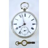 A sterling silver open face pocket watch. White dial with roman numerals.