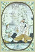 An early 20th century Indian miniature on ivory of a lady and her companions, later framed,