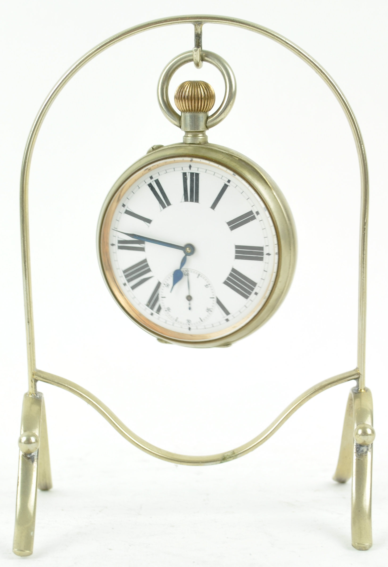 A Goliath pocket watch, the enamel dial with subsidiary second dial on stand, 18.