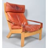 A 1960's Scandinavian retro vintage beech wood and leather easy loungechair/armchair,