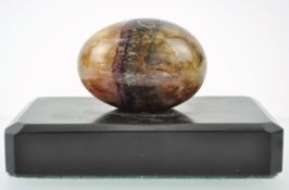 A Victorian Derbyshire rectangular Ashford marble paperweight, mounted with a Blue John egg,