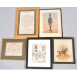 A humorous print of a boy fishing, two other prints,