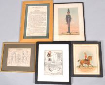 A humorous print of a boy fishing, two other prints,