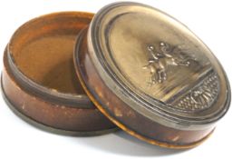 A Victorian Grand National 'Emblem' 1863 horn and metal-mounted circular snuff box and cover,