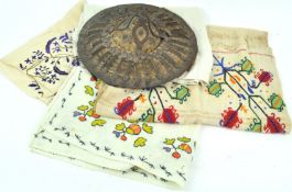 An unusual woven circular Anatolian Turkish Kalkan shield with wrought iron applied detail,