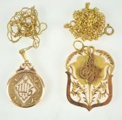 A selection of two gold pendants of abstract design, each suspended from chains.