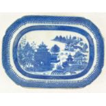 A Staffordshire pearlware shaped rectangular dish, printed with chinoiserie pavilions and bridges,