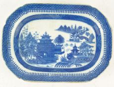 A Staffordshire pearlware shaped rectangular dish, printed with chinoiserie pavilions and bridges,