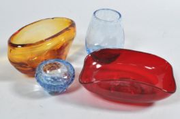 Four pieces of Whitefriars : a globular glass vase, 18cm high and a similar smaller example,